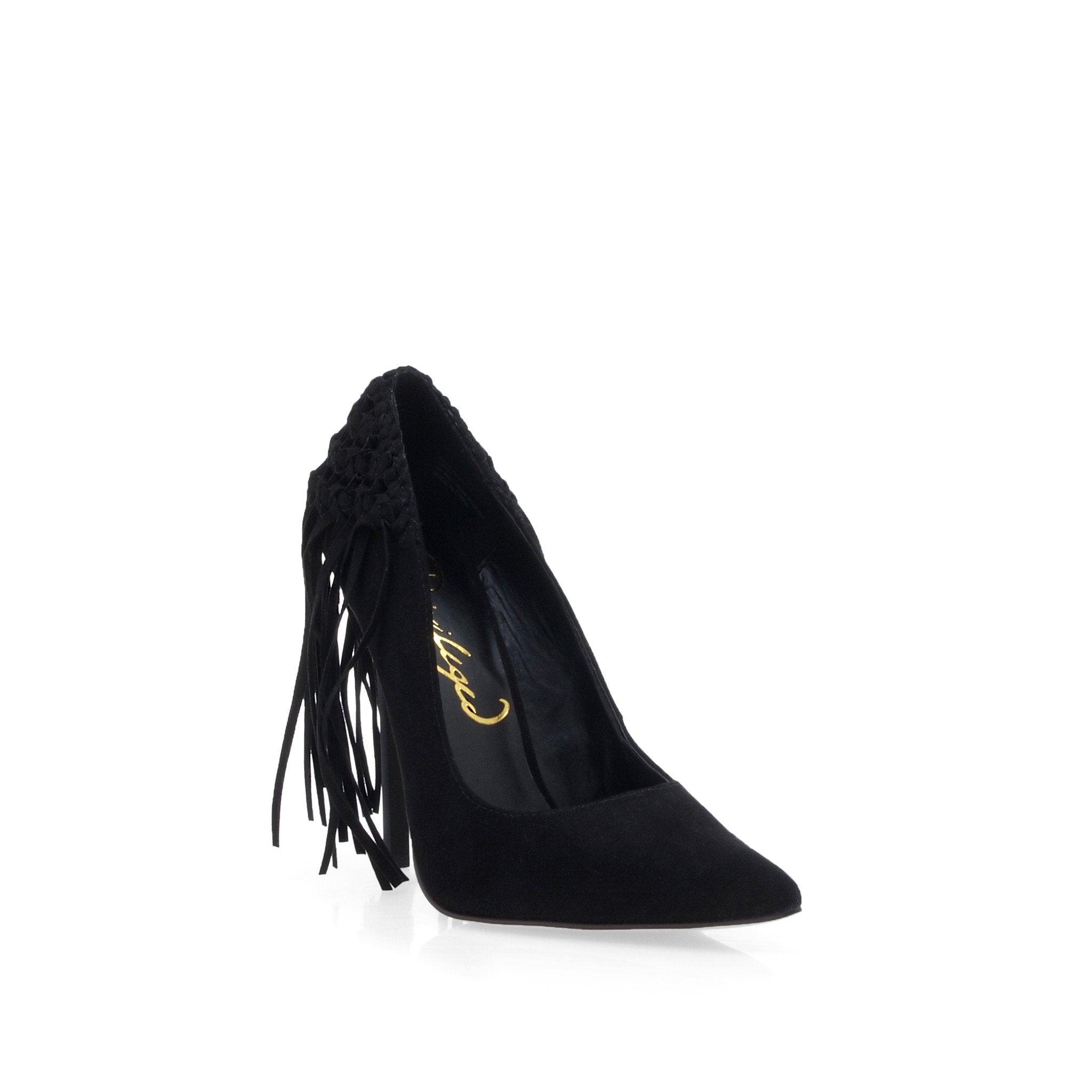 Synthetic suede women's heel with fringe in black-corner view