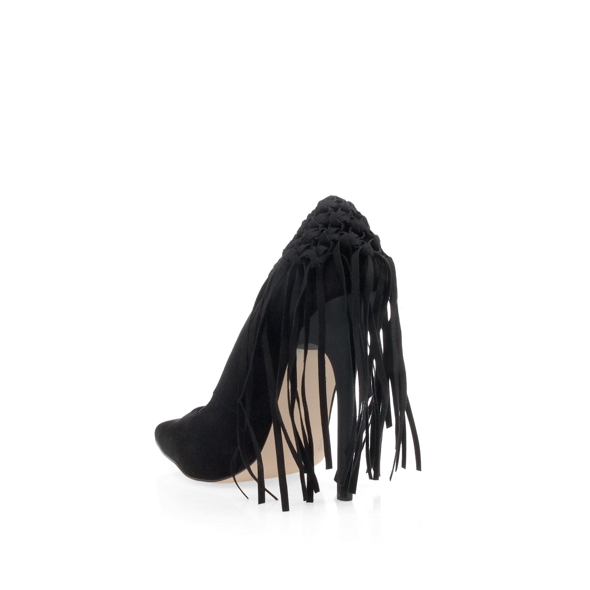 Synthetic suede women's heel with fringe in black-posterior view