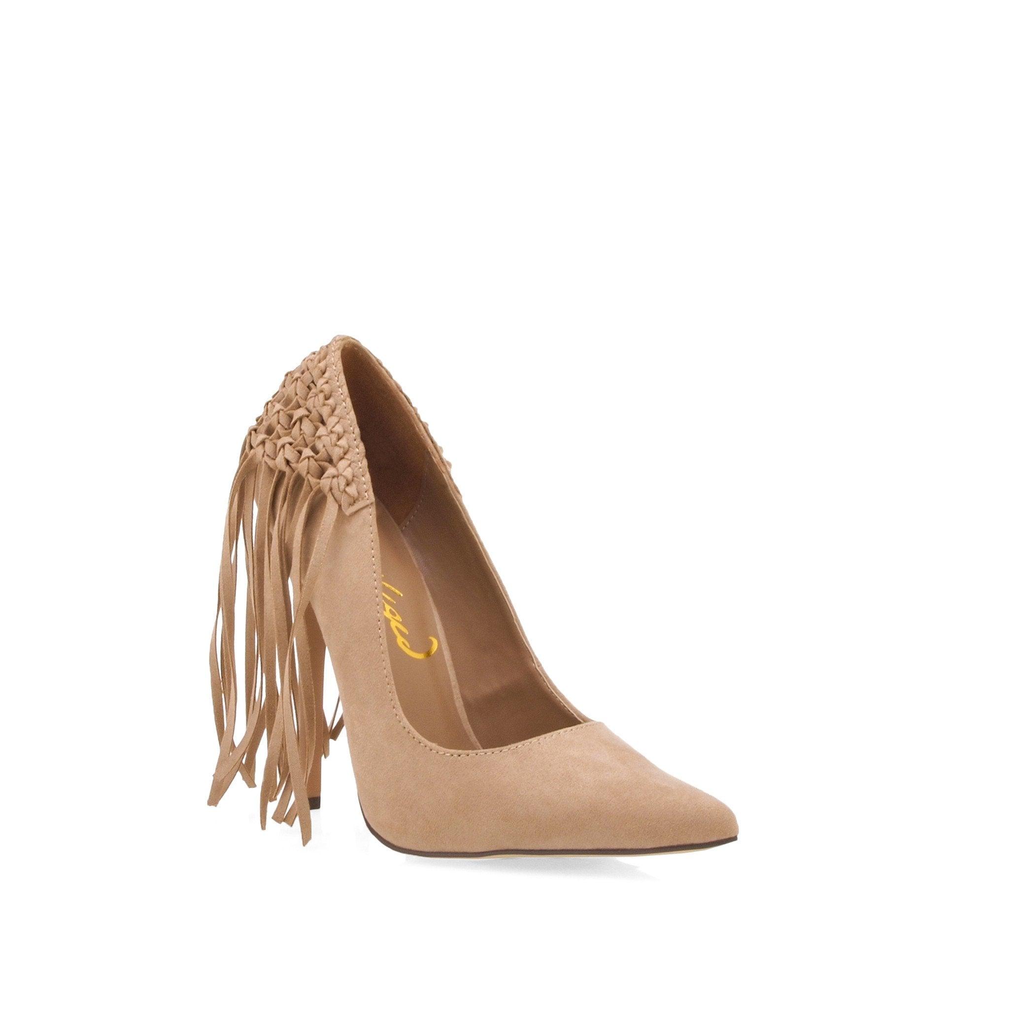 Synthetic suede women's heel with fringe in taupe-corner view