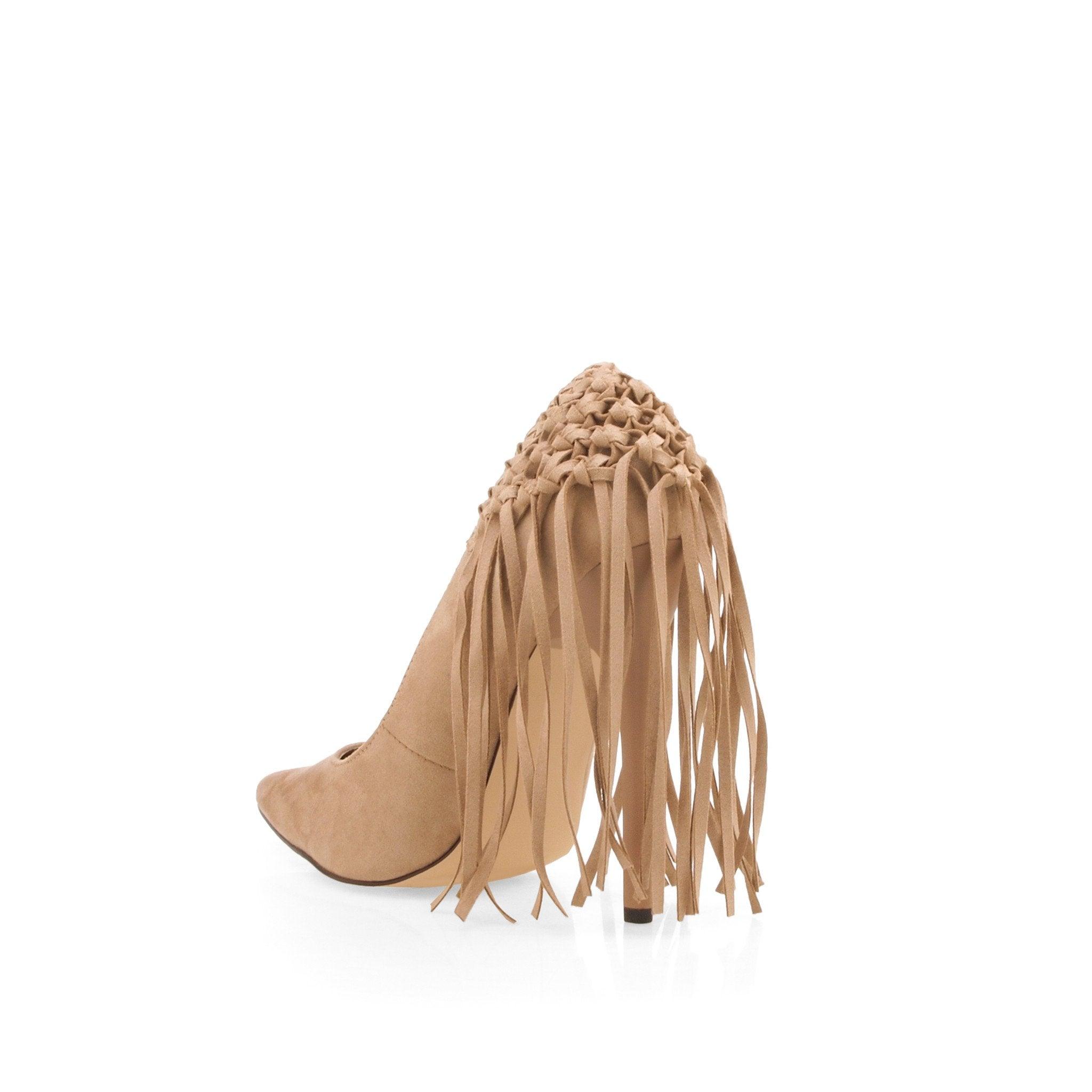 Synthetic suede women's heel with fringe in taupe-posterior view