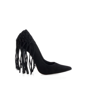Synthetic suede women's heel with fringe in black-side view