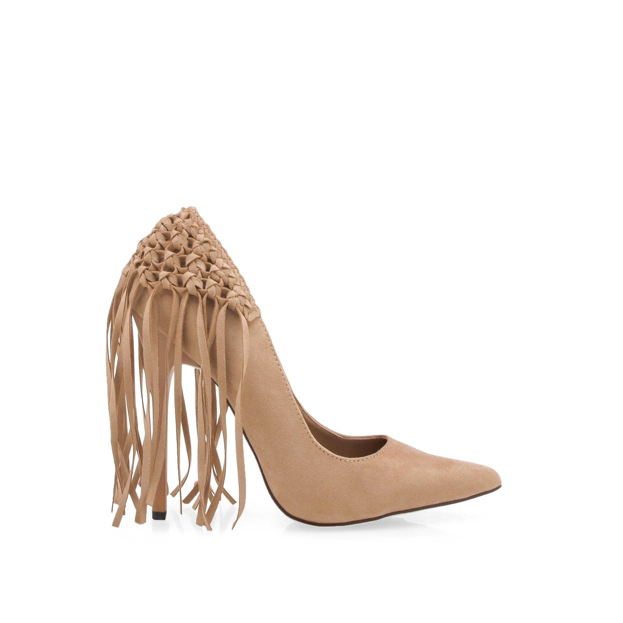 Synthetic suede women's heel with fringe in taupe-side view