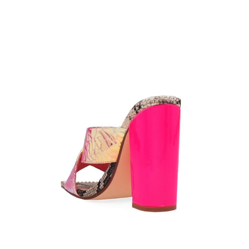 Pink women's block heel with rhinestone encrusted metal toe cap-posterior view