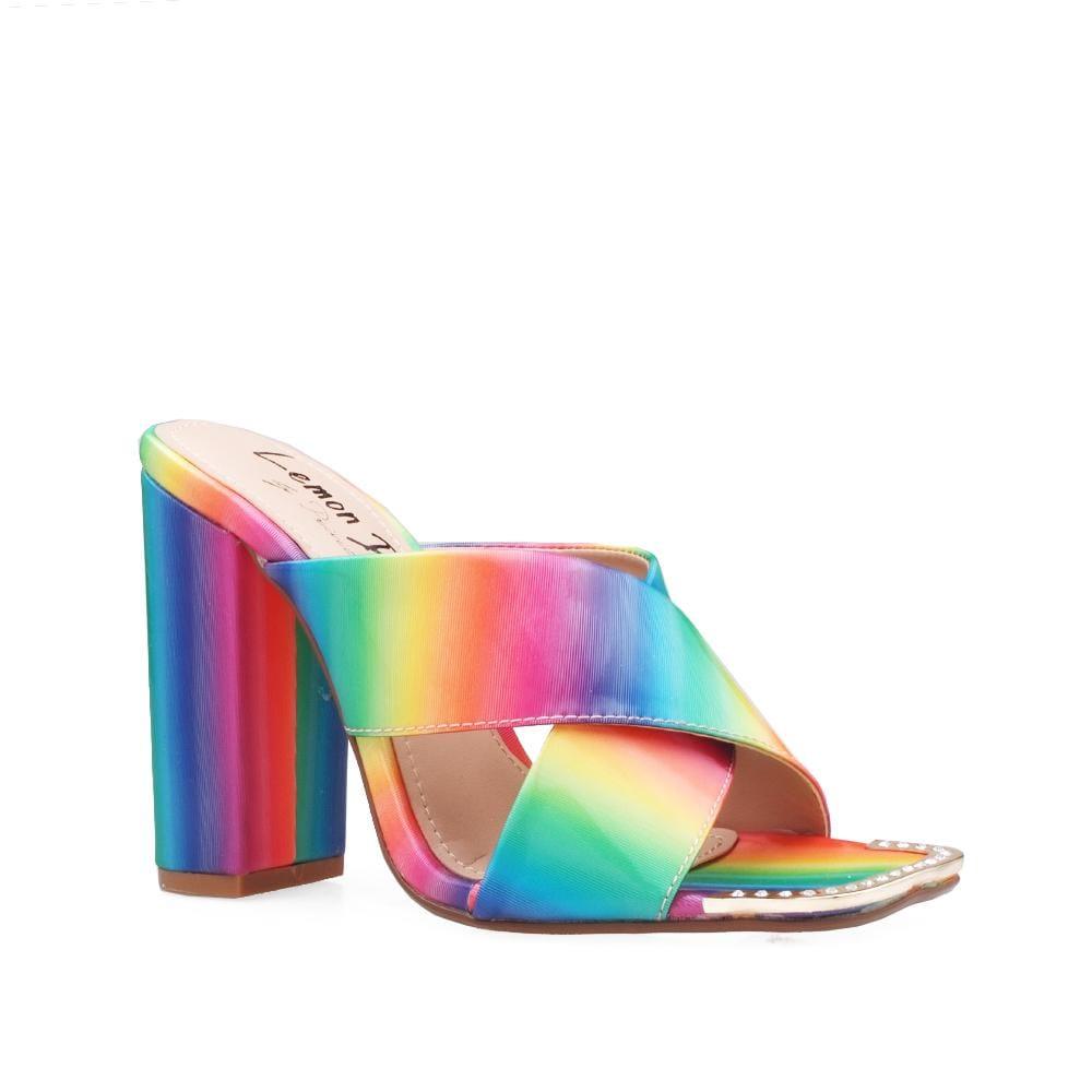 Rainbow women's block heel with rhinestone encrusted metal toe cap-corner view