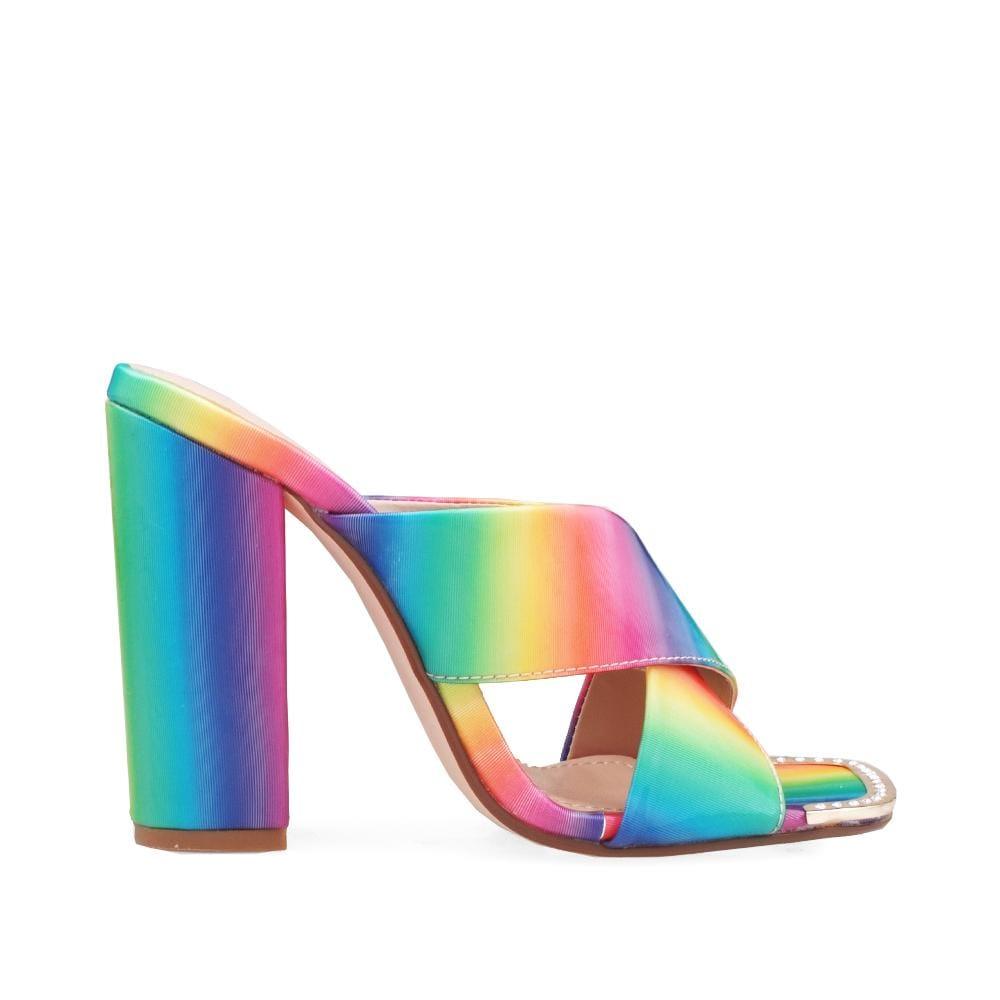 Rainbow women's block heel with rhinestone encrusted metal toe cap-side view