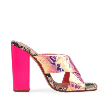 Pink women's block heel with rhinestone encrusted metal toe cap-side view