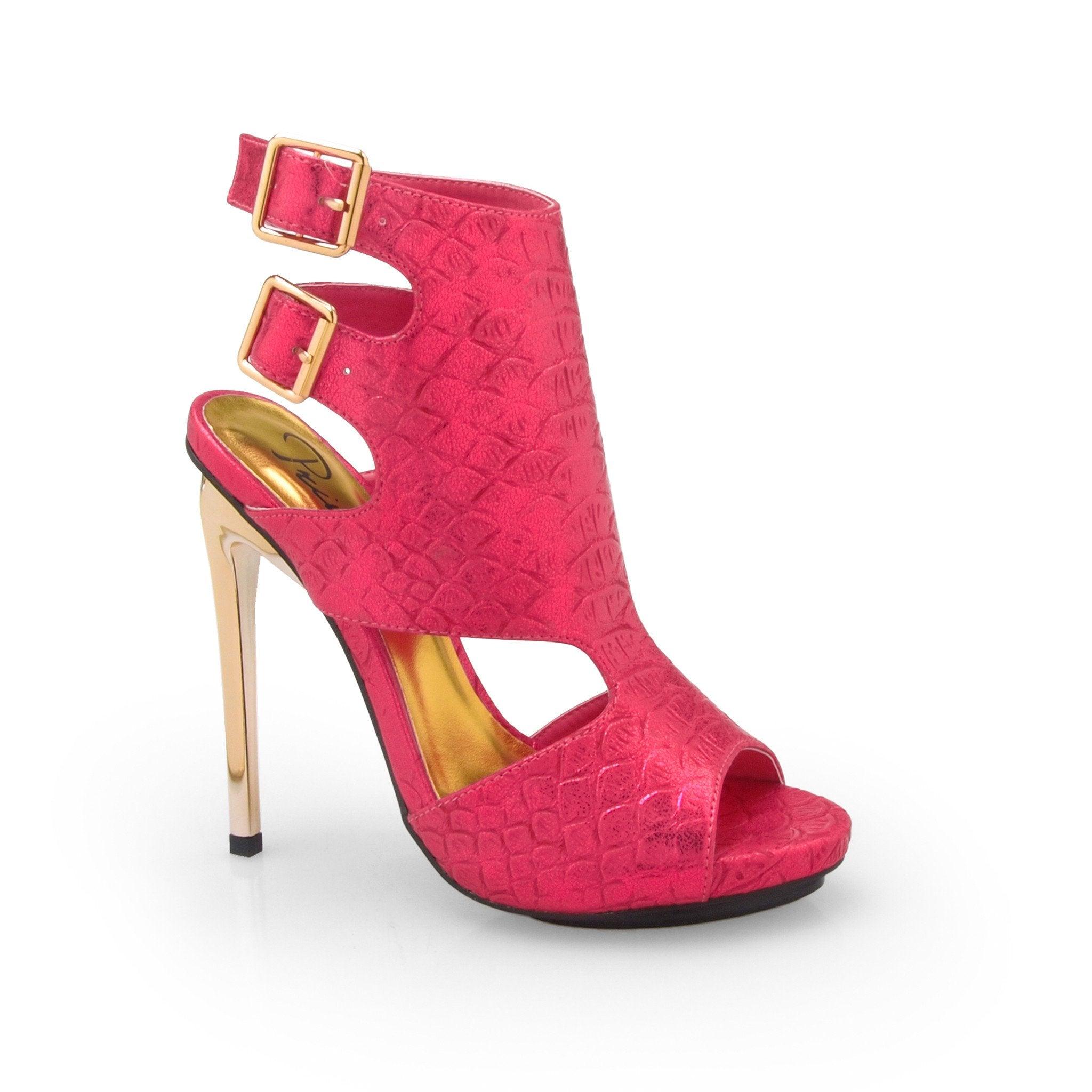 Fuchsia faux snake leatherette women's heel -corner view