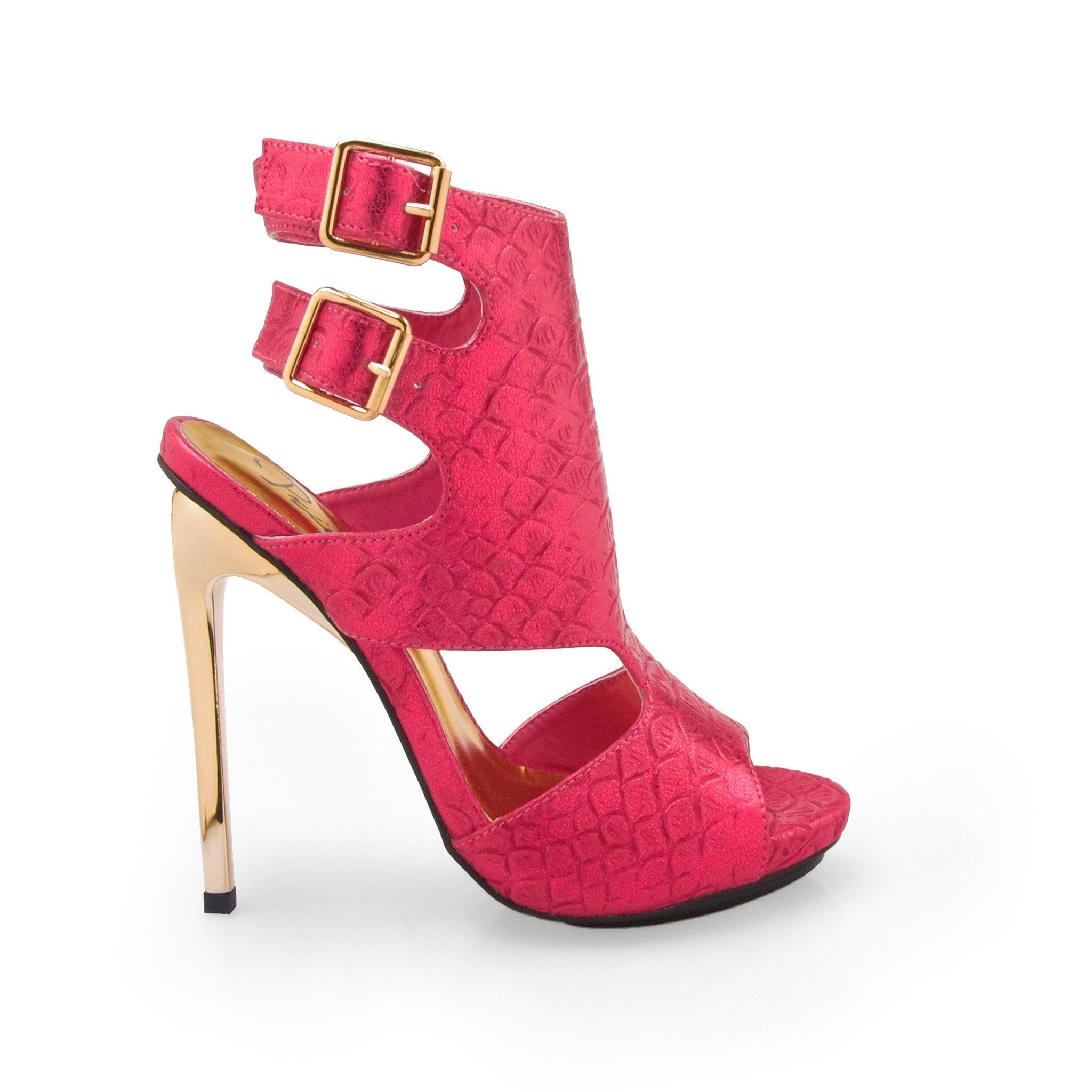 Fuchsia faux snake leatherette women's heel -side view