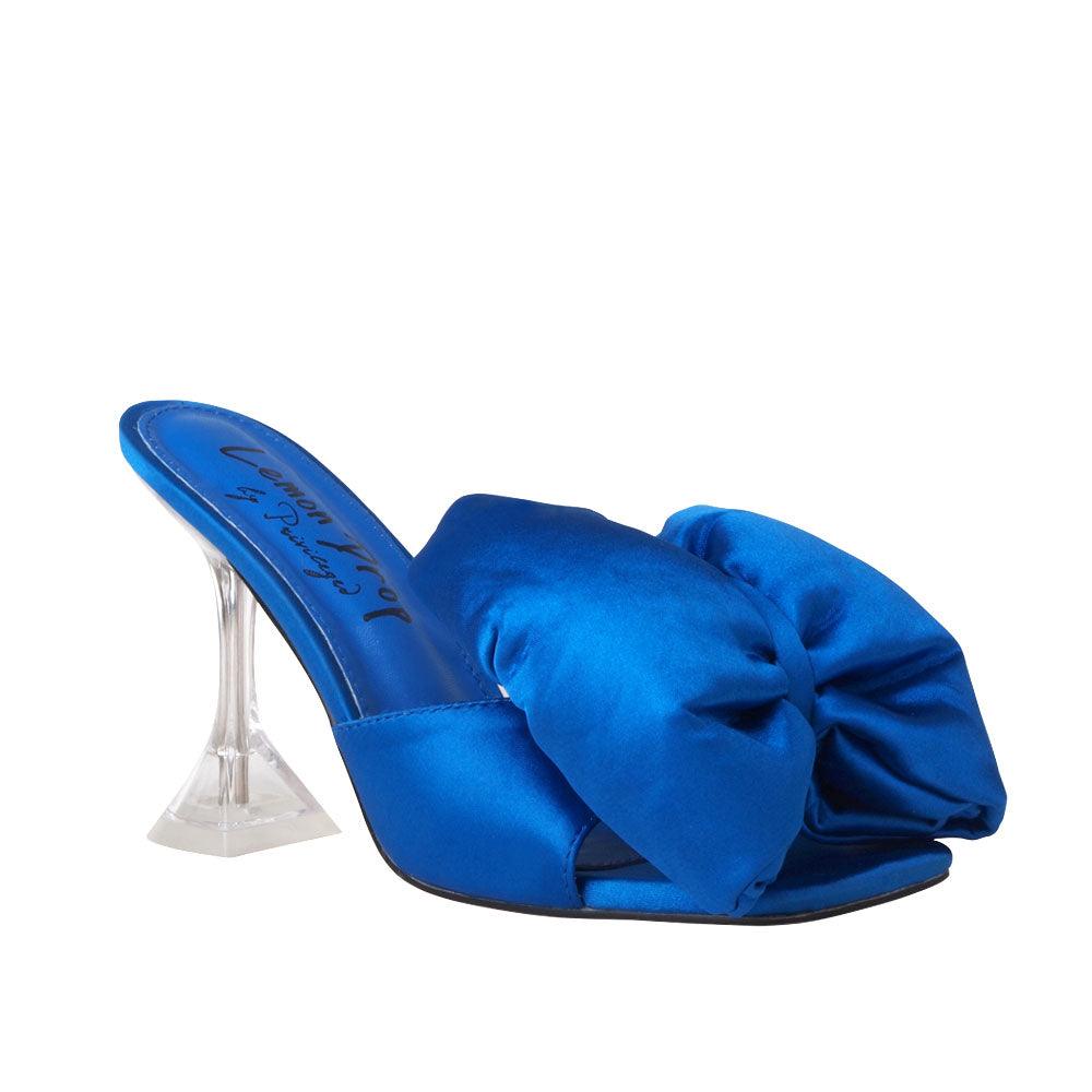 Cobalt satin upper with bow women's hexagon heel -corner view