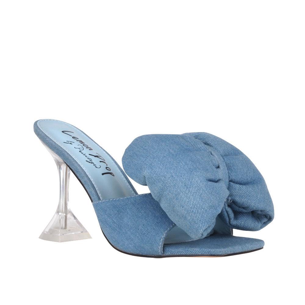 Denim satin upper with bow women's hexagon heel-corner view