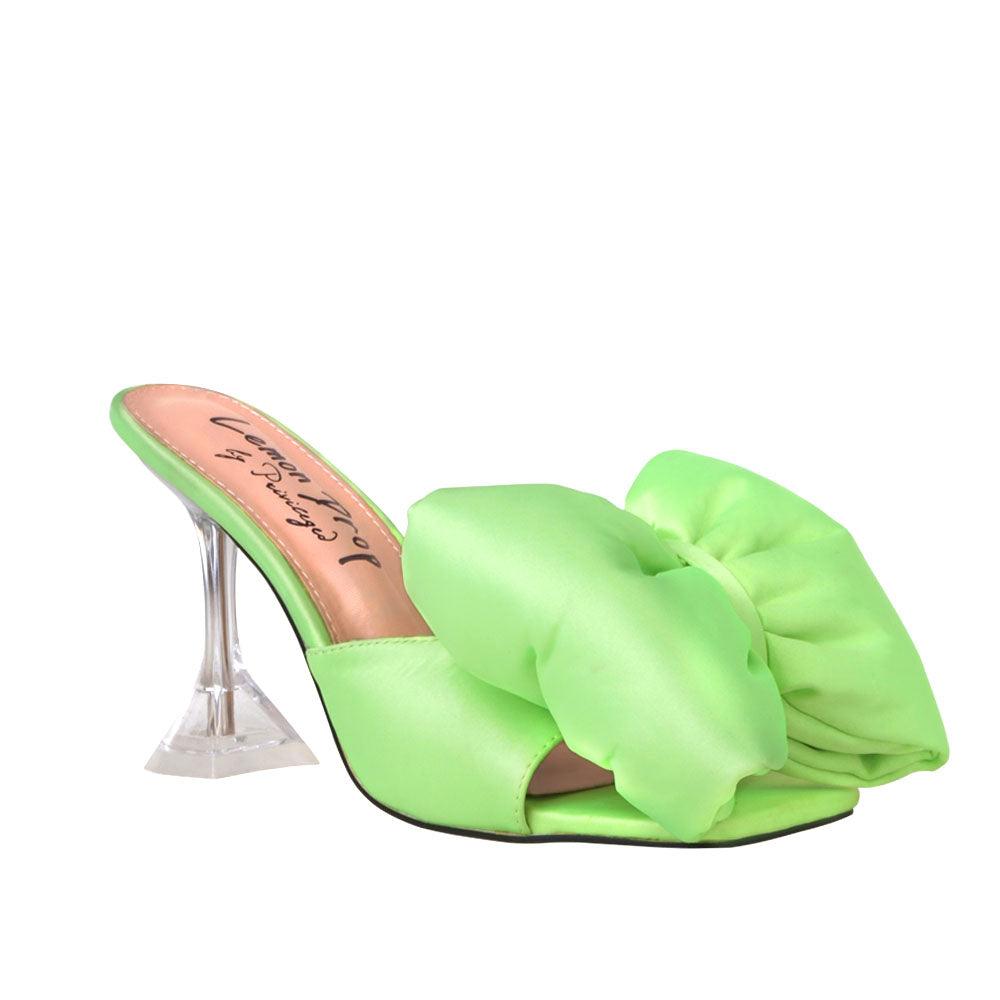 Satin upper with bow women's hexagon heel in lime-corner view