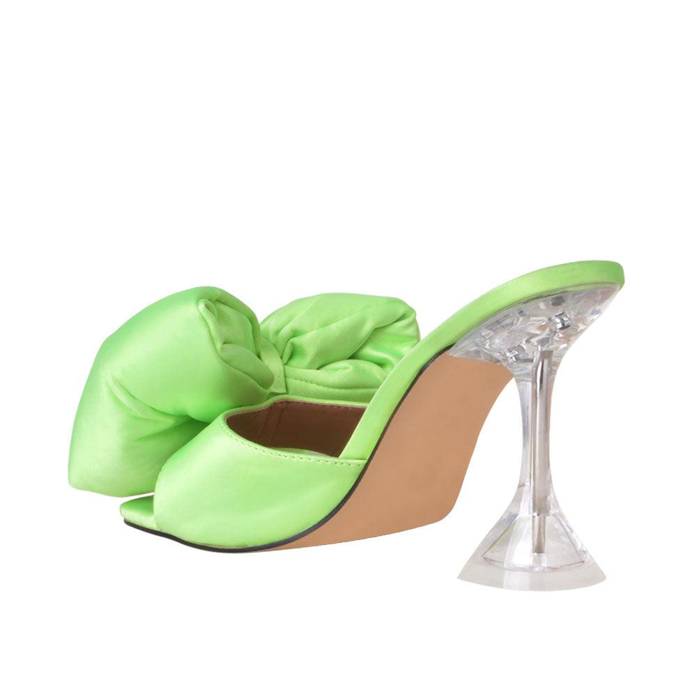 Satin upper with bow women's hexagon heel in lime-posterior view