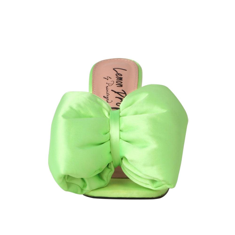 Satin upper with bow women's hexagon heel in lime-front view