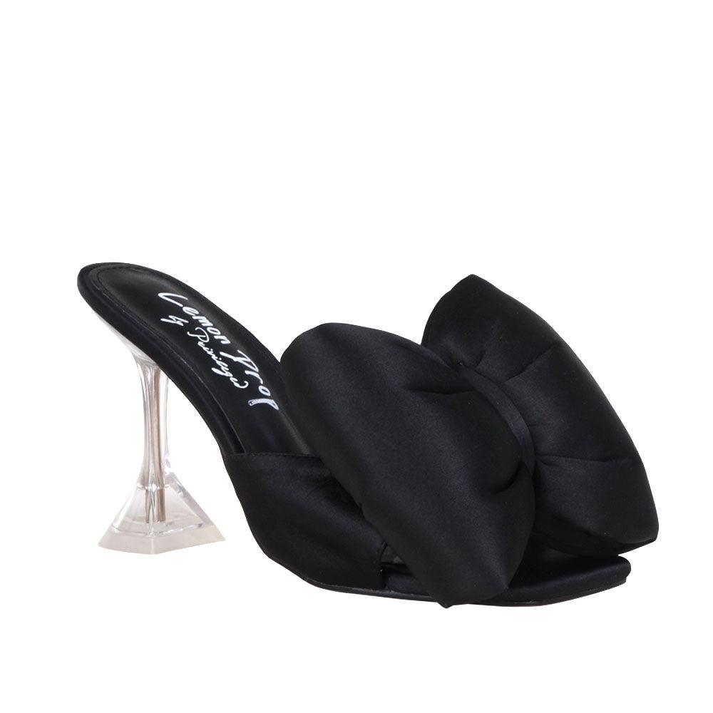 Satin upper with bow women's hexagon heel in black-corner view