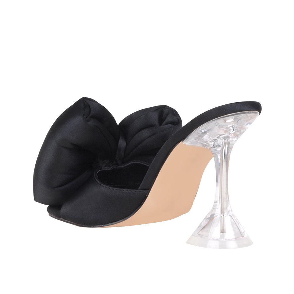 Satin upper with bow women's hexagon heel in black-posterior view