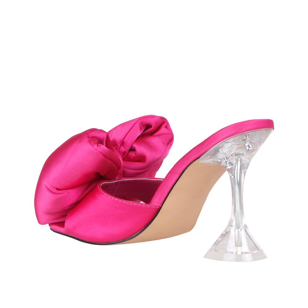 Fuchsia coloured satin upper with bow women's hexagon heel-posterior view