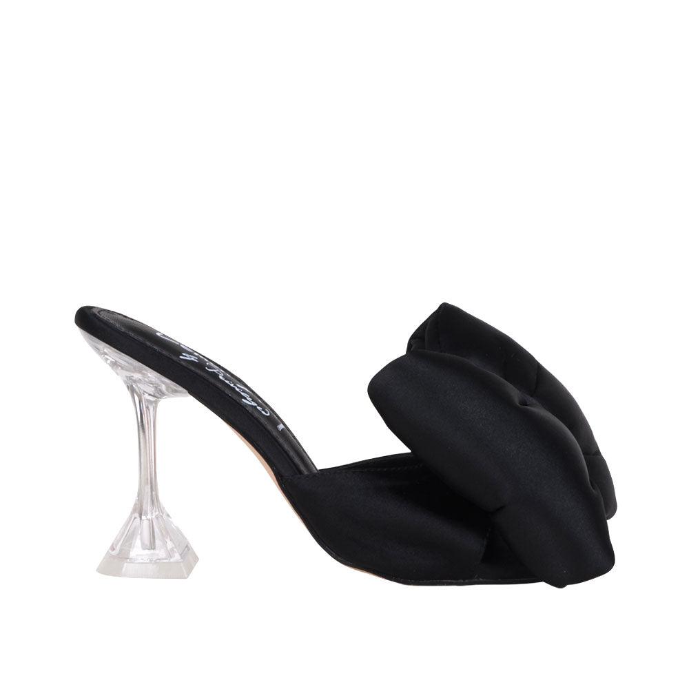 Satin upper with bow women's hexagon heel in black-side view