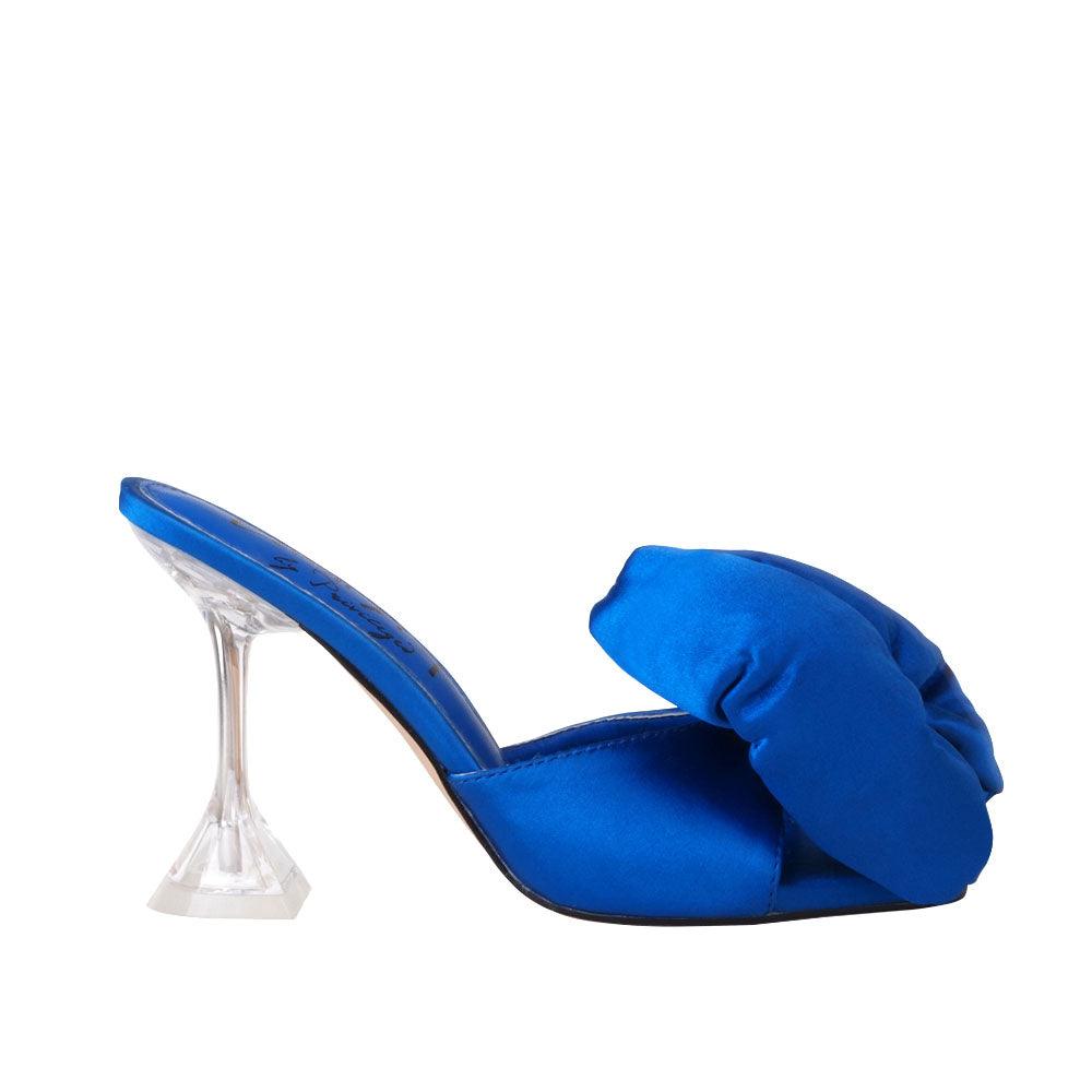 Cobalt satin upper with bow women's hexagon heel -side view