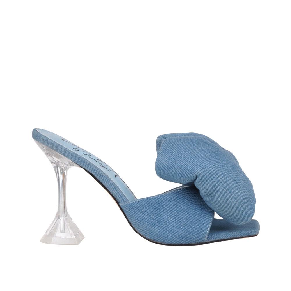 Denim satin upper with bow women's hexagon heel-side view