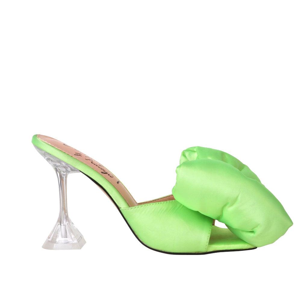 Satin upper with bow women's hexagon heel in lime-side view