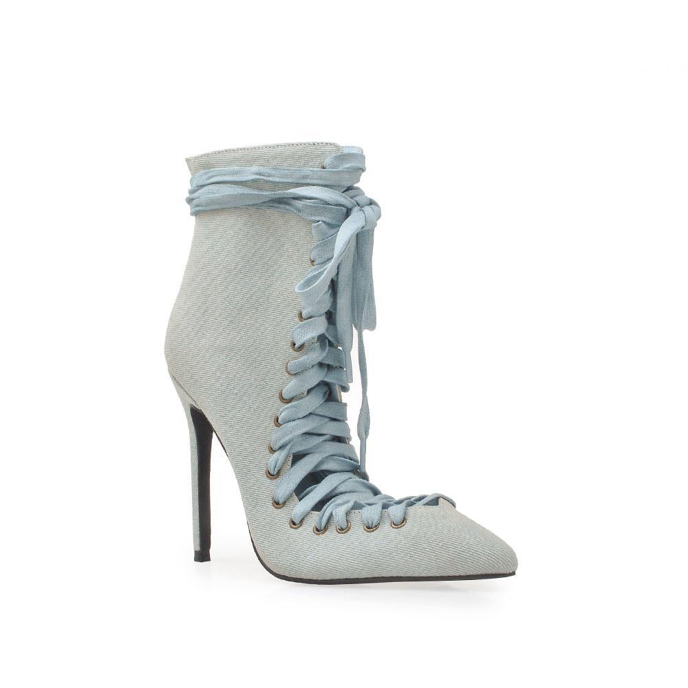 Denim vegan suede lace tie up women's heel-corner view