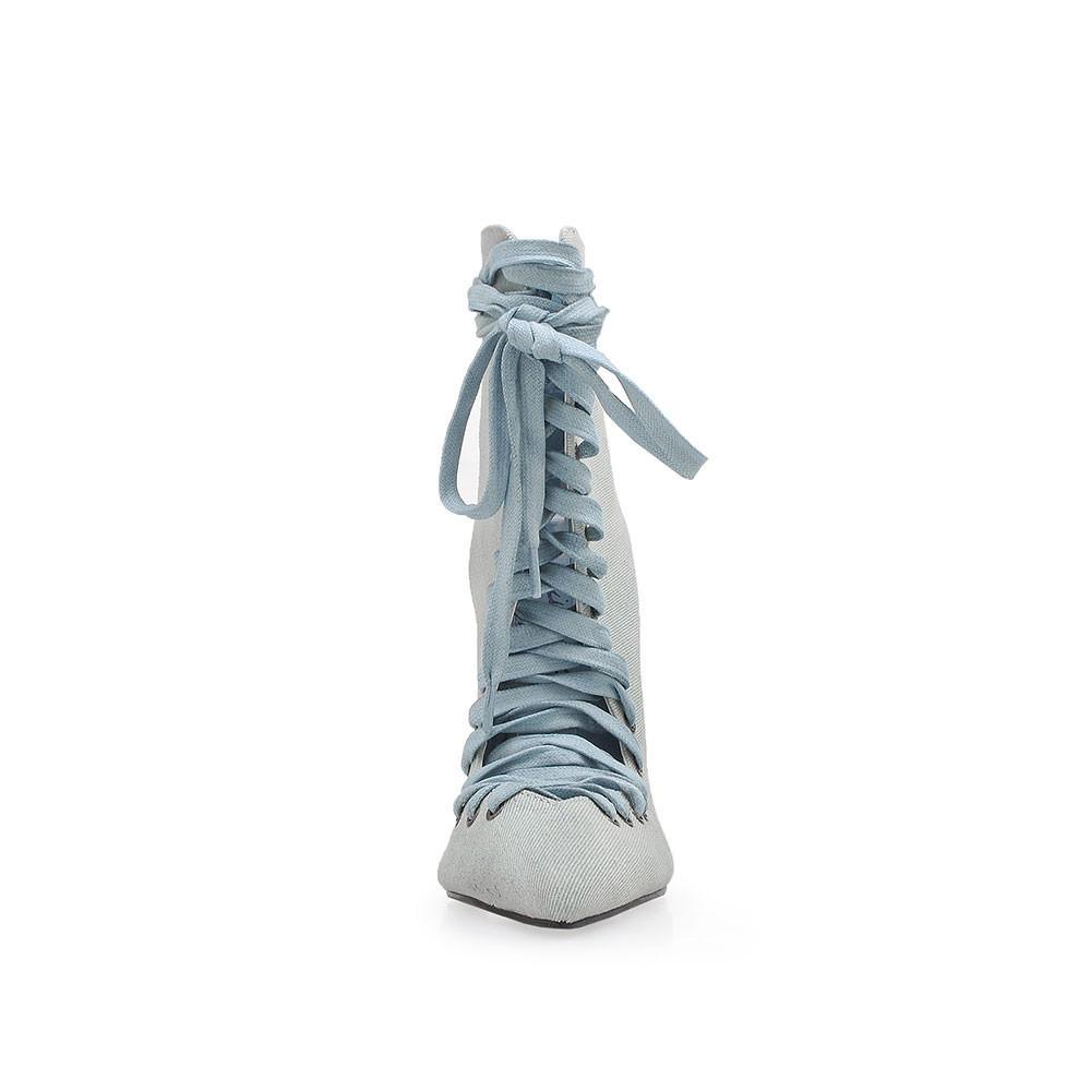 Denim vegan suede lace tie up women's heel-front view