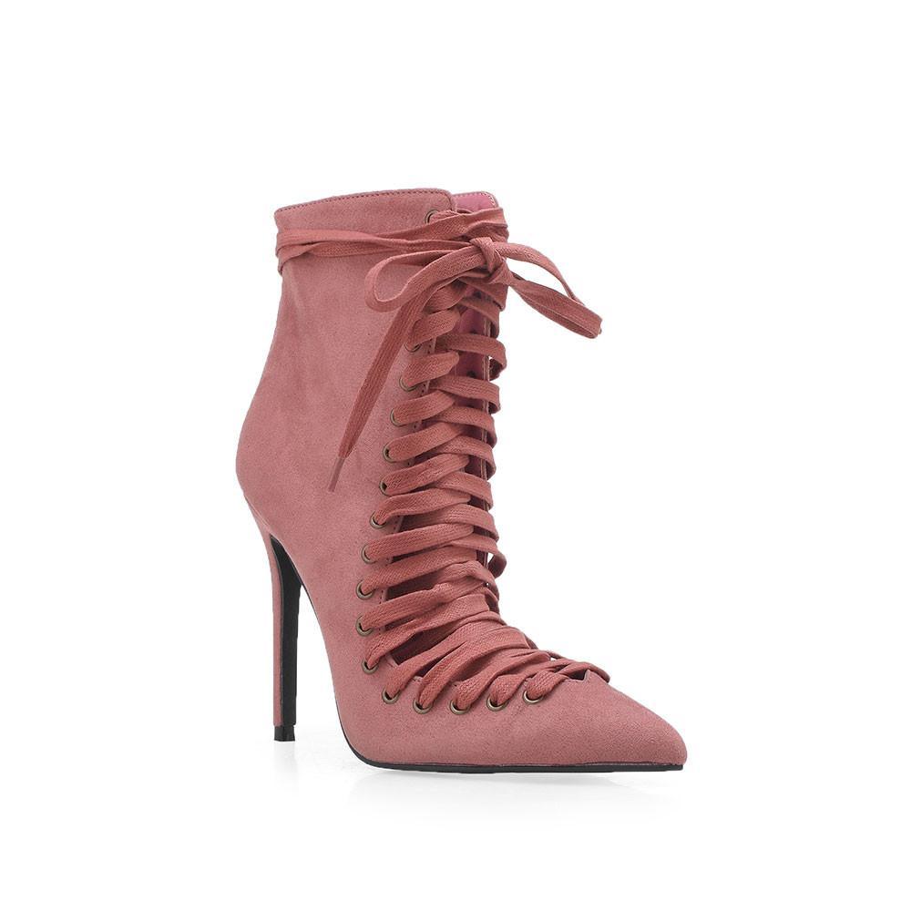 Pink vegan suede lace tie up women's heel-corner view