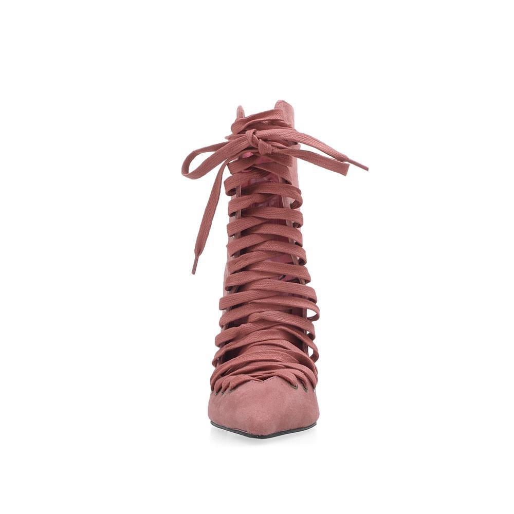 Pink vegan suede lace tie up women's heel-front view