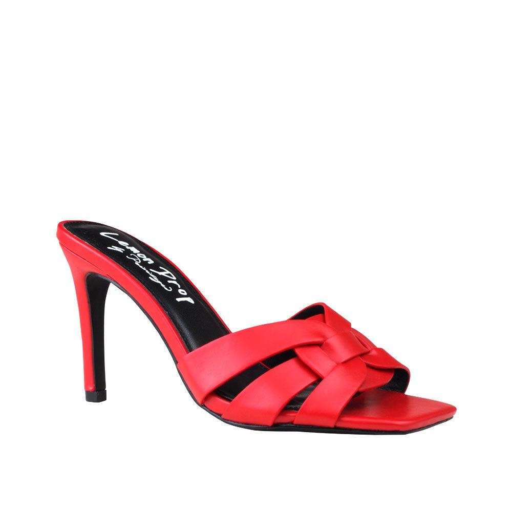 Vegan leather open toe women's heel in red-corner view