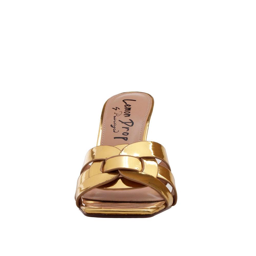 Gold shiny open toe women's heel-front view