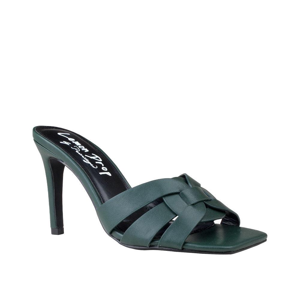 Dark green vegan leather open toe women's heel-corner view