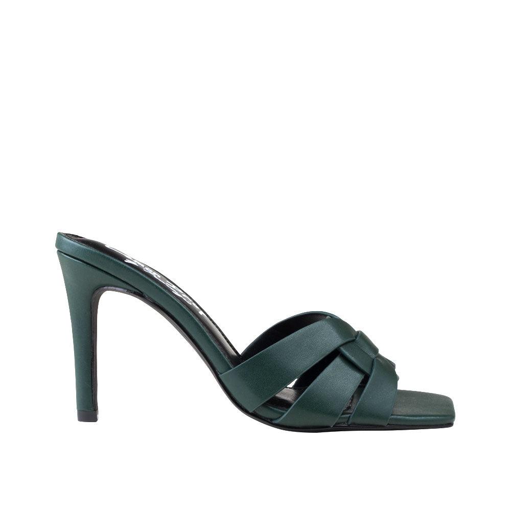 Dark green vegan leather open toe women's heel-side view