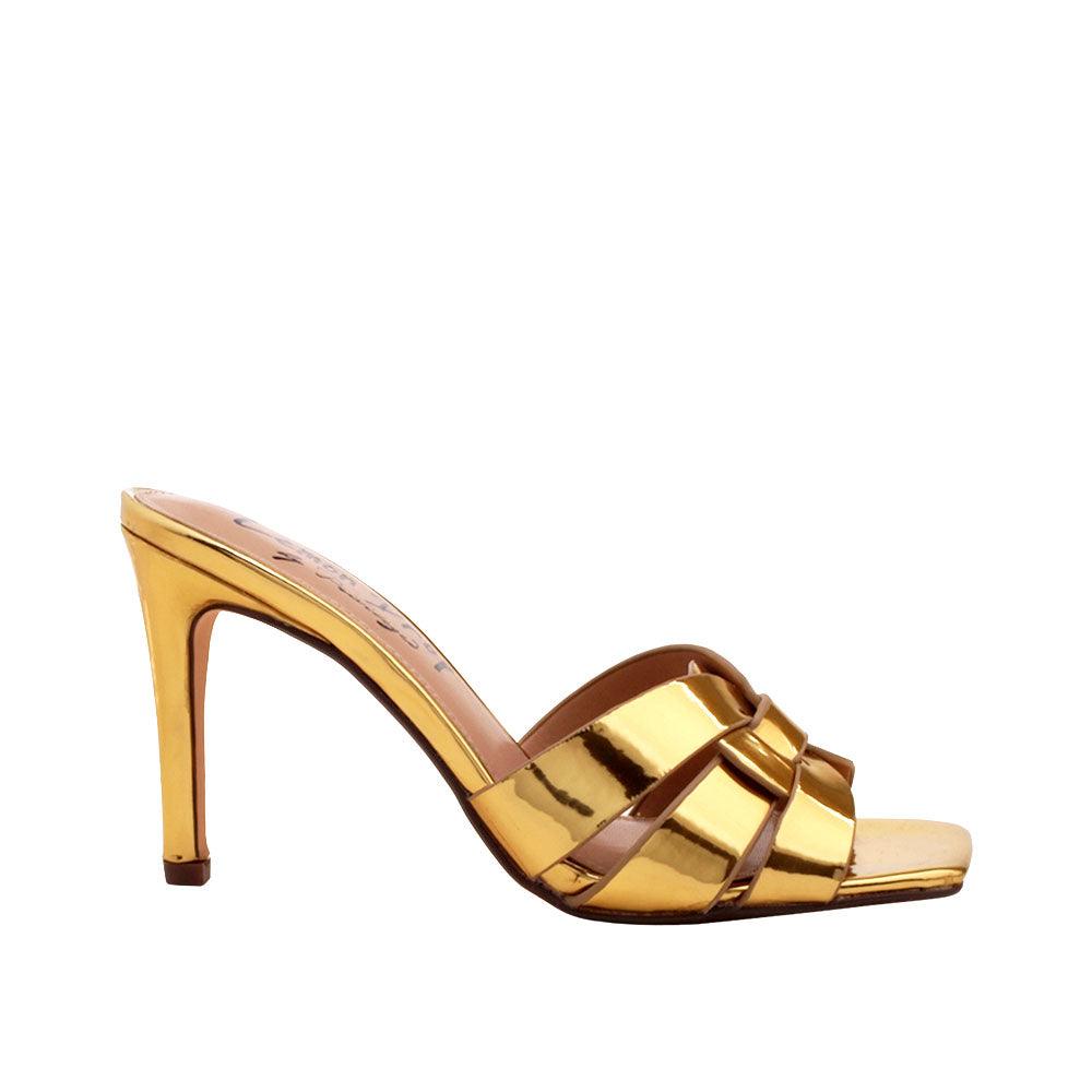 Gold shiny open toe women's heel-side view