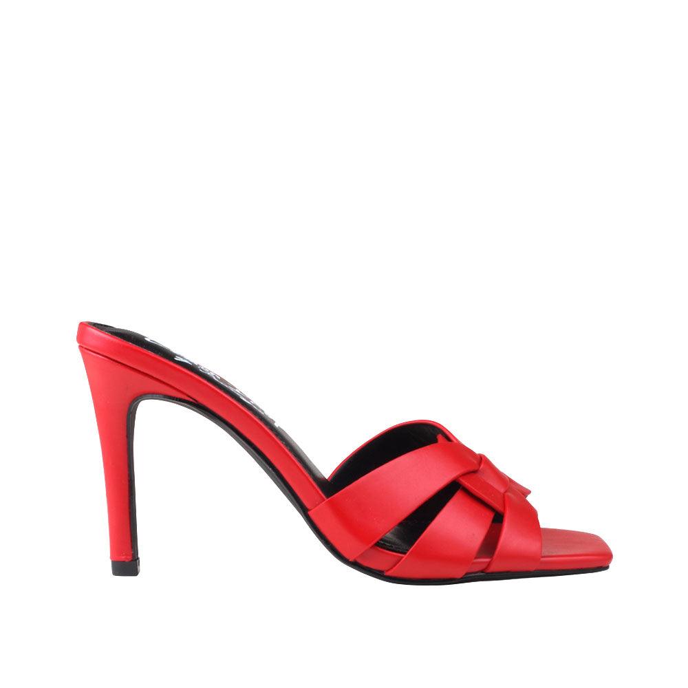 Vegan leather open toe women's heel in red-side view