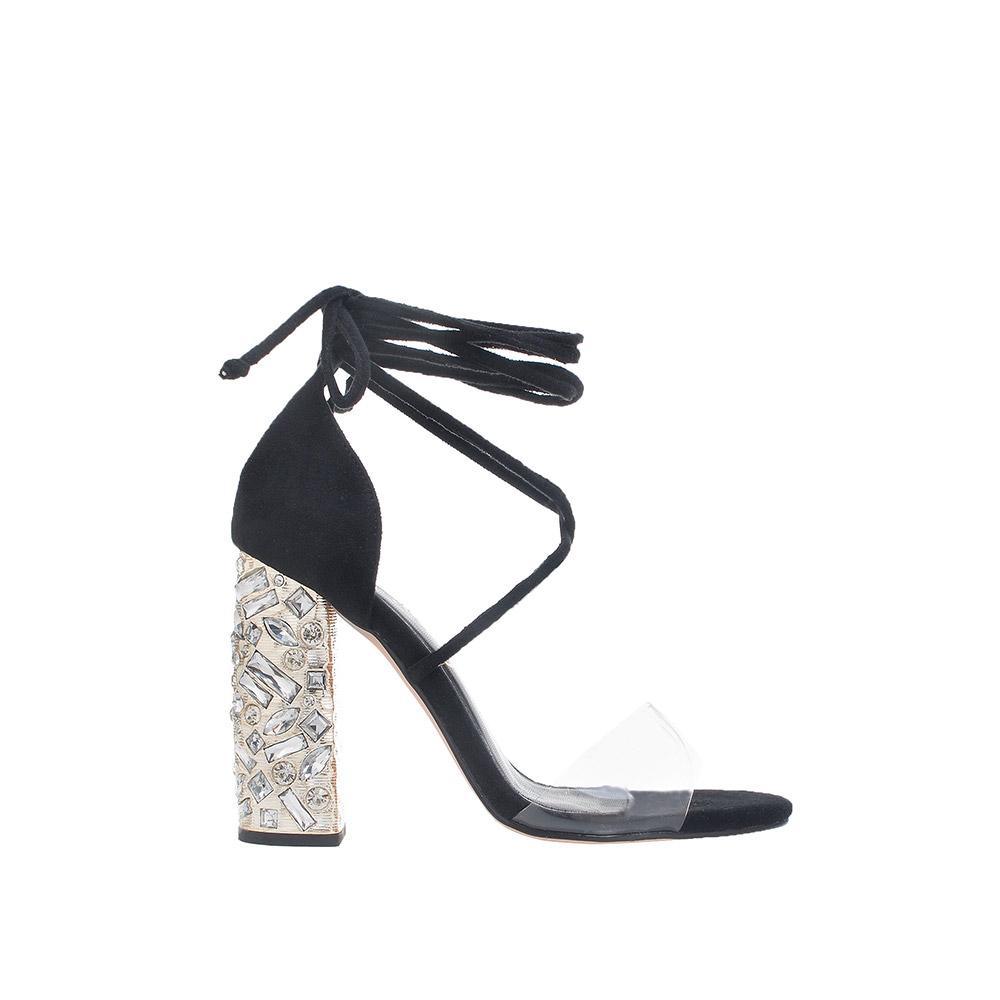 Clear vinyl upper women's block heel in black-side view