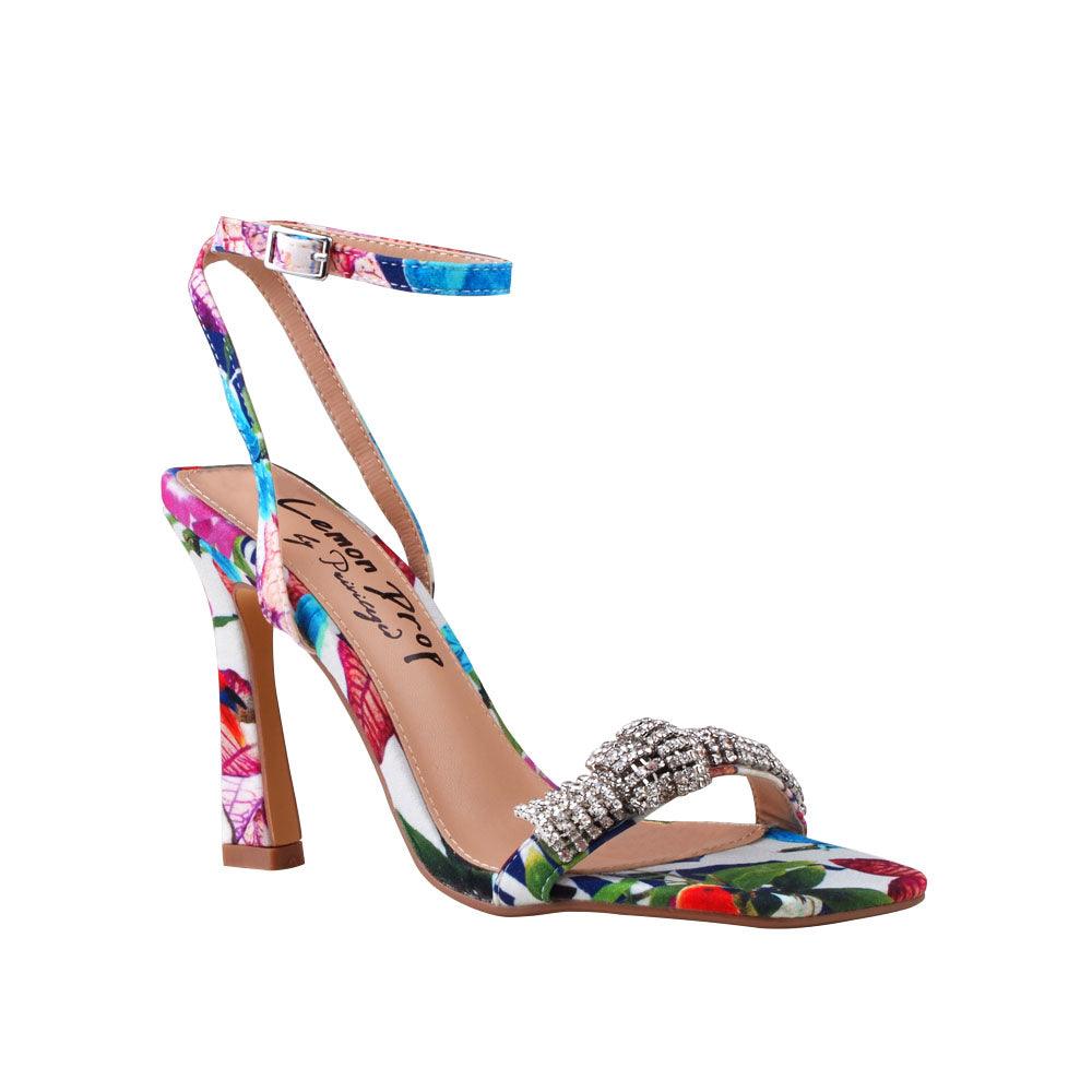 Floral printed women's heel with rhinestones-corner view