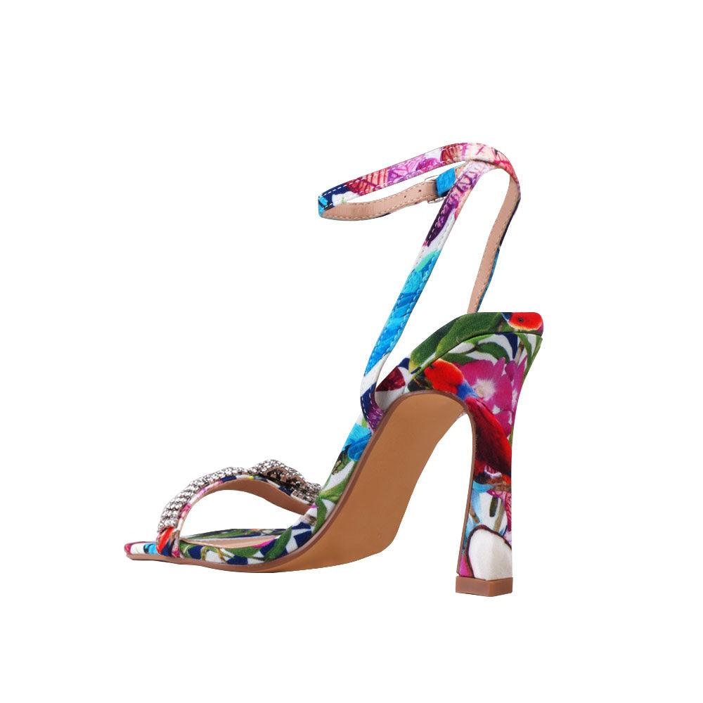 Floral printed women's heel with rhinestones-posterior view