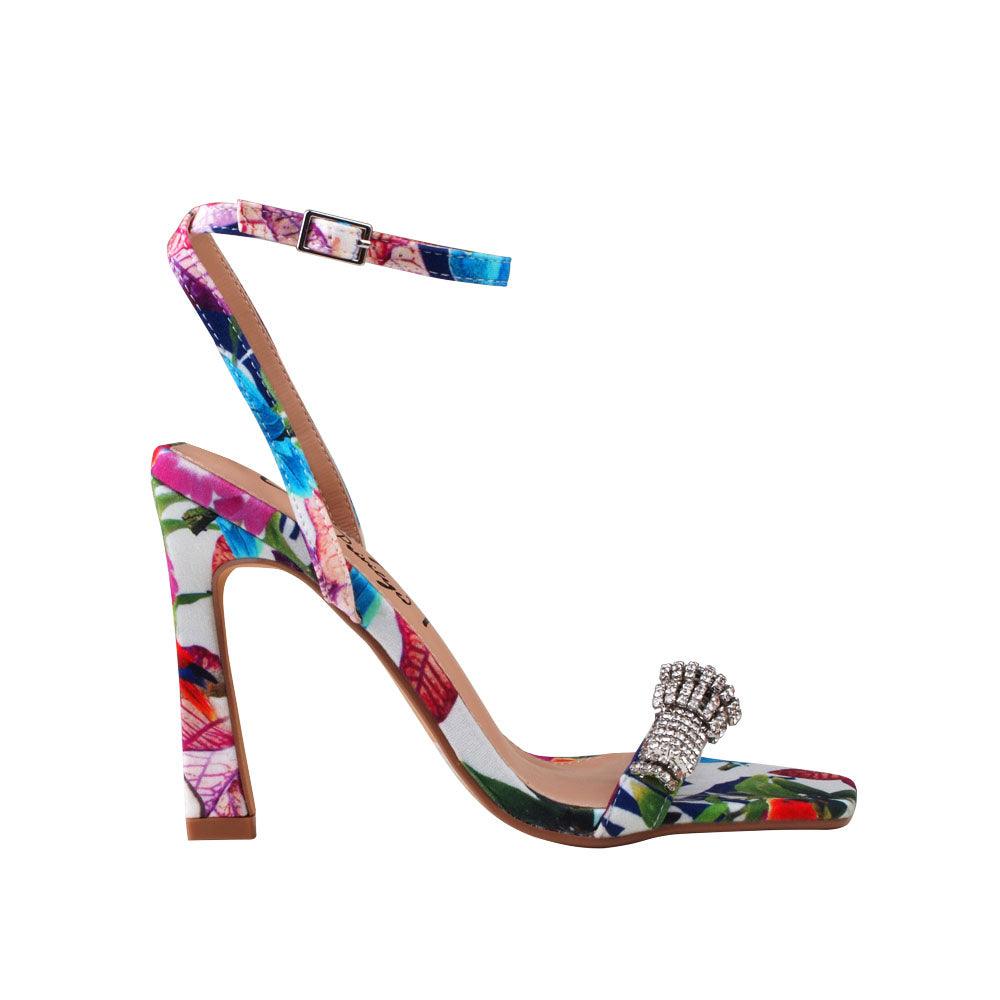 Floral printed women's heel with rhinestones-side view