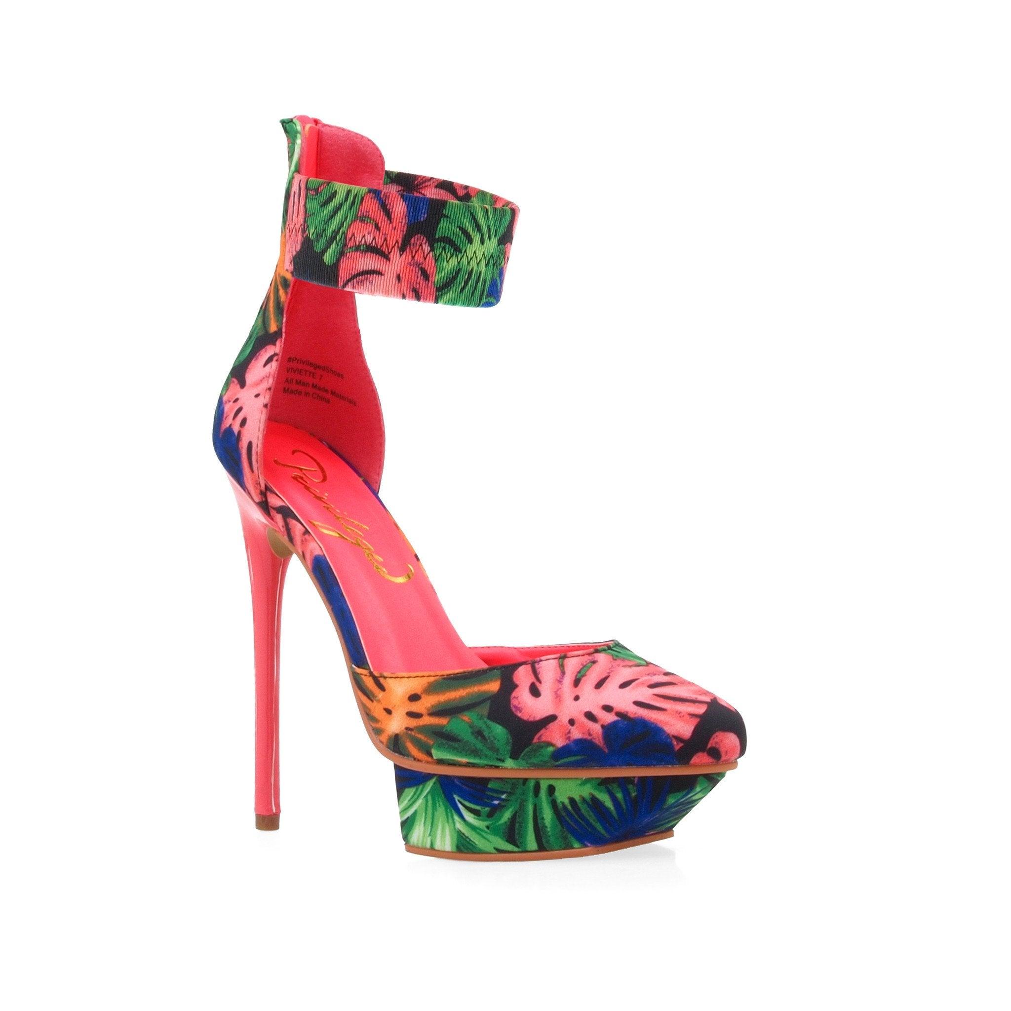 Multi coloured floral canvas fabric women's sandal heel-corner view