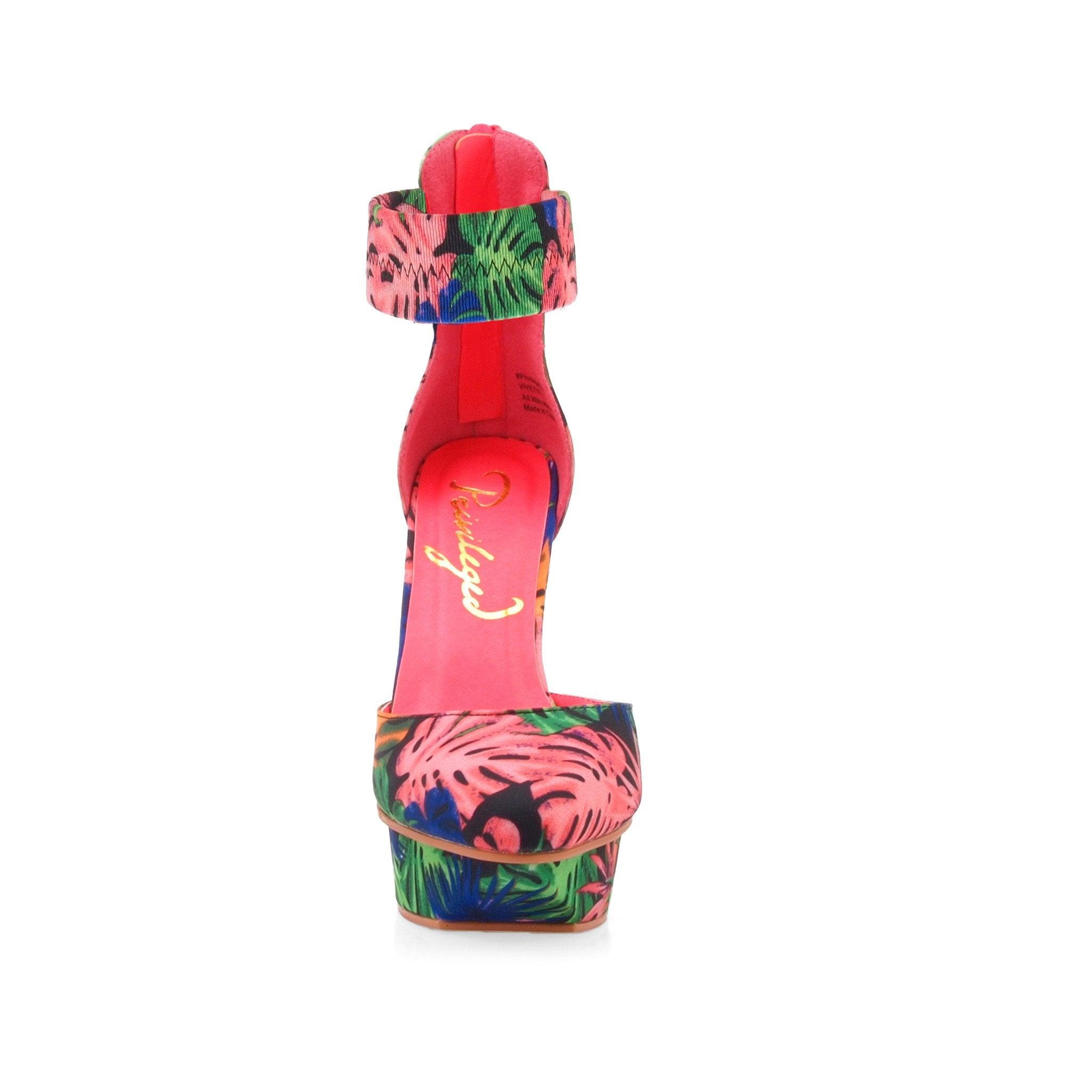 Multi coloured floral canvas fabric women's sandal heel-front view