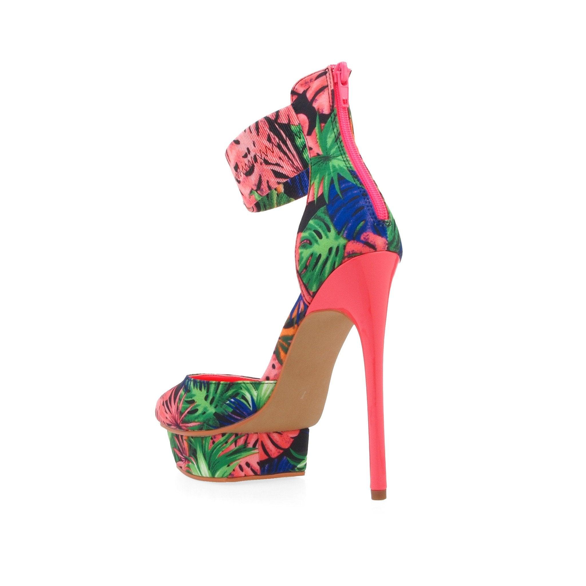 Multi coloured floral canvas fabric women's sandal heel-posterior view