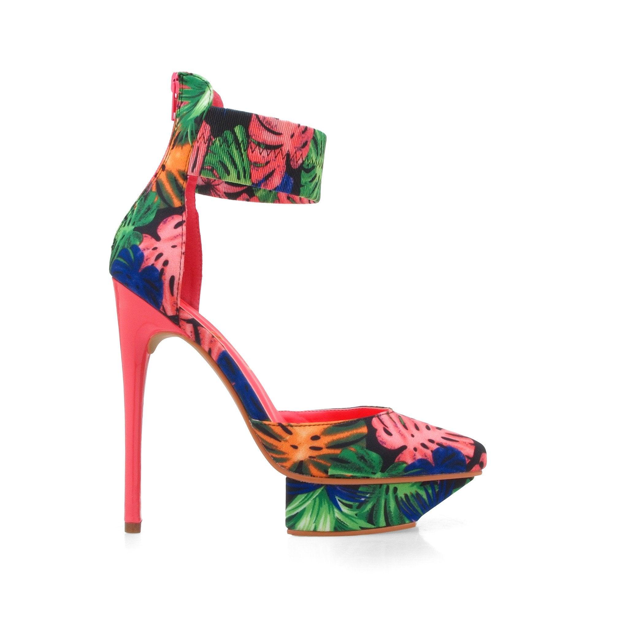 Multi coloured floral canvas fabric women's sandal heel-side view