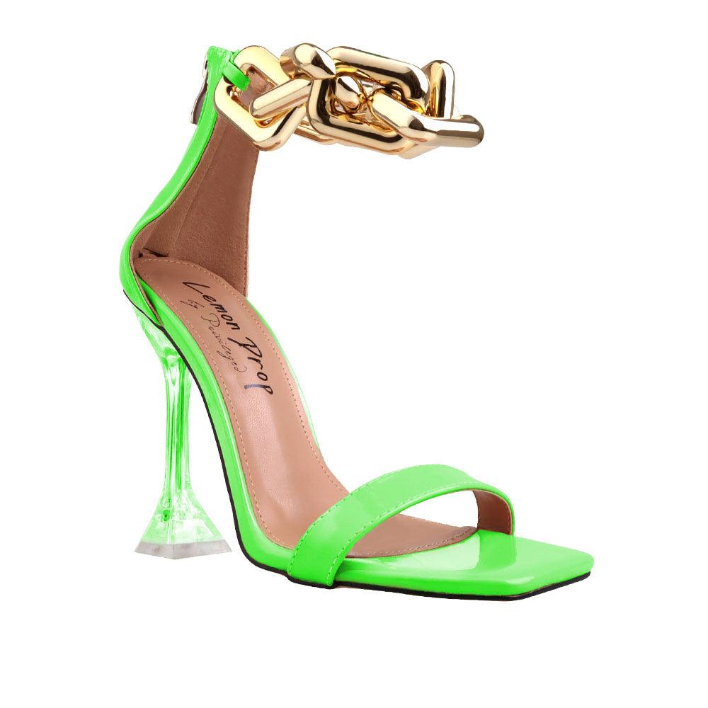 Synthetic soled, vegan leather women's sandal heel with heavy chain detailing in neon green -corner view