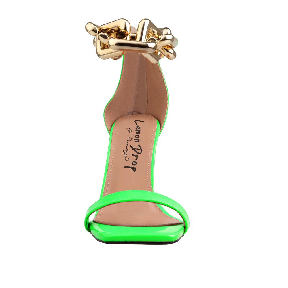 Synthetic soled, vegan leather women's sandal heel with heavy chain detailing in neon green -front view