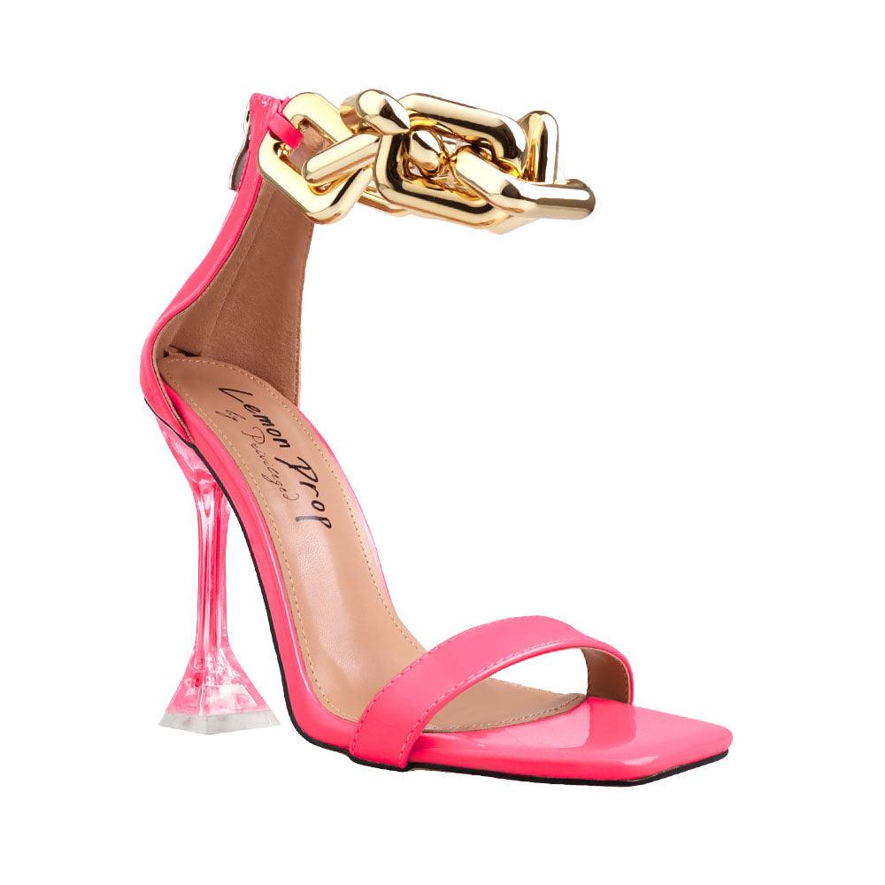 Neon pink, synthetic soled, vegan leather women's sandal heel with heavy chain detailing-corner view