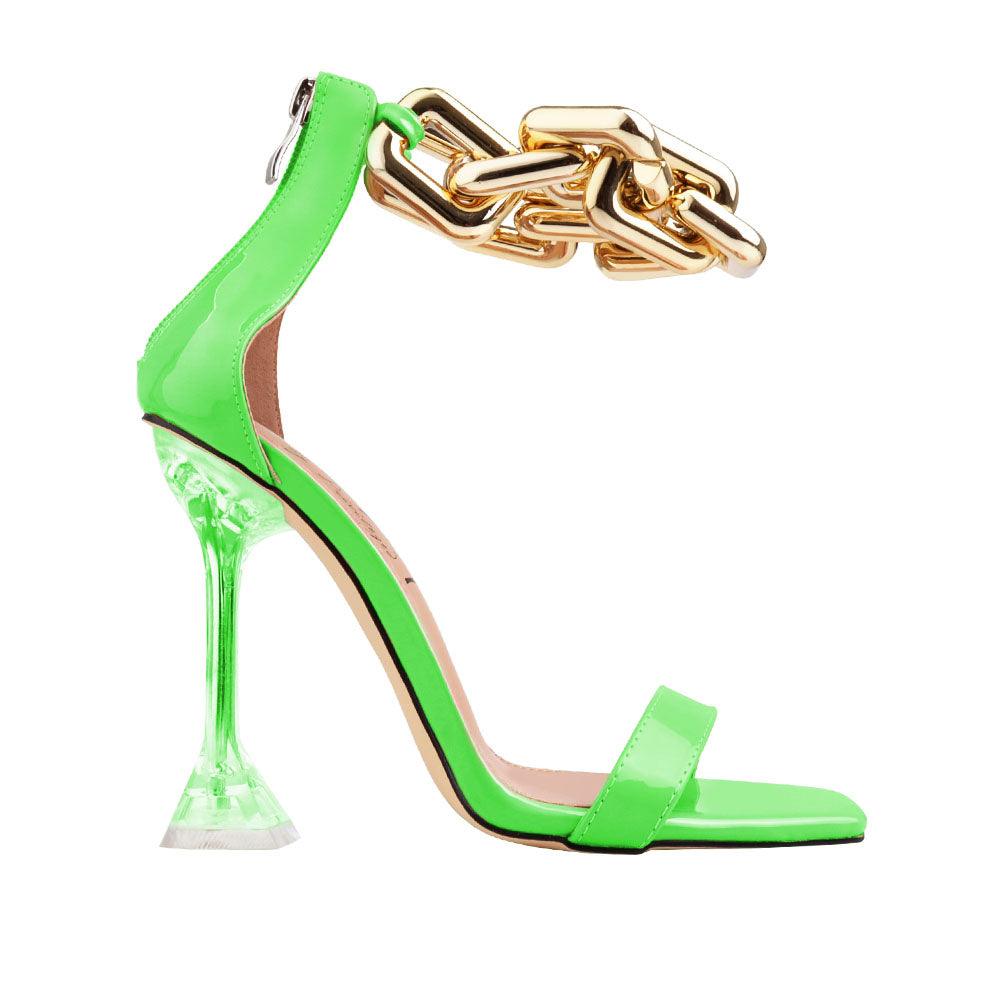 Synthetic soled, vegan leather women's sandal heel with heavy chain detailing in neon green -side view