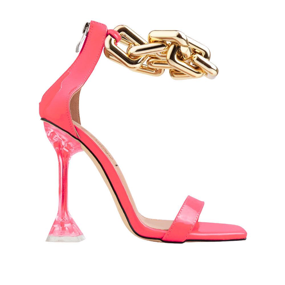 Neon pink, synthetic soled, vegan leather women's sandal heel with heavy chain detailing-side view