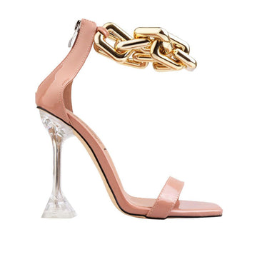 Synthetic soled, vegan leather women's sandal heel with heavy chain detailing in nude-side view