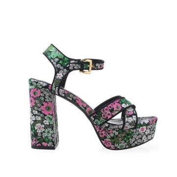 Black block square women heel with multicoloured flower pattern and ankle strap closure -side view