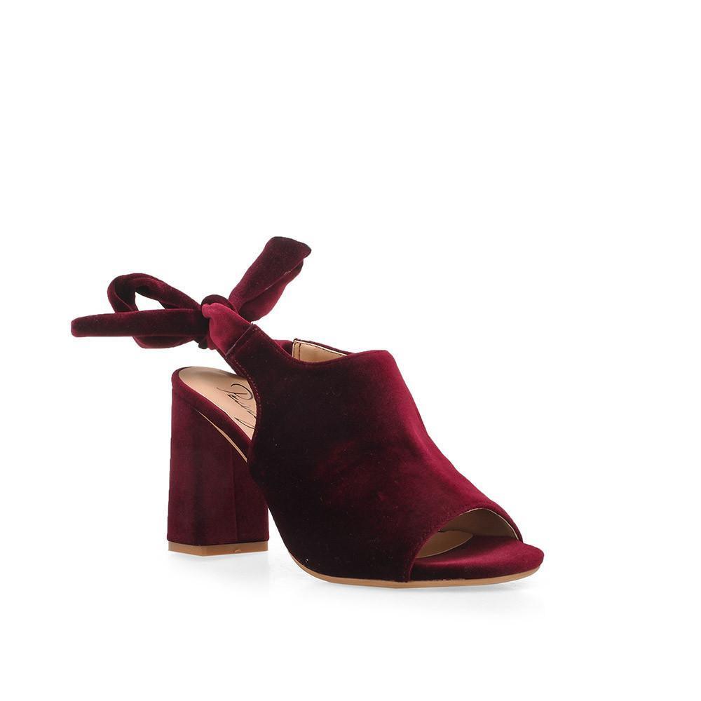 Magenta velvet heels with bow knot closure for women-corner view